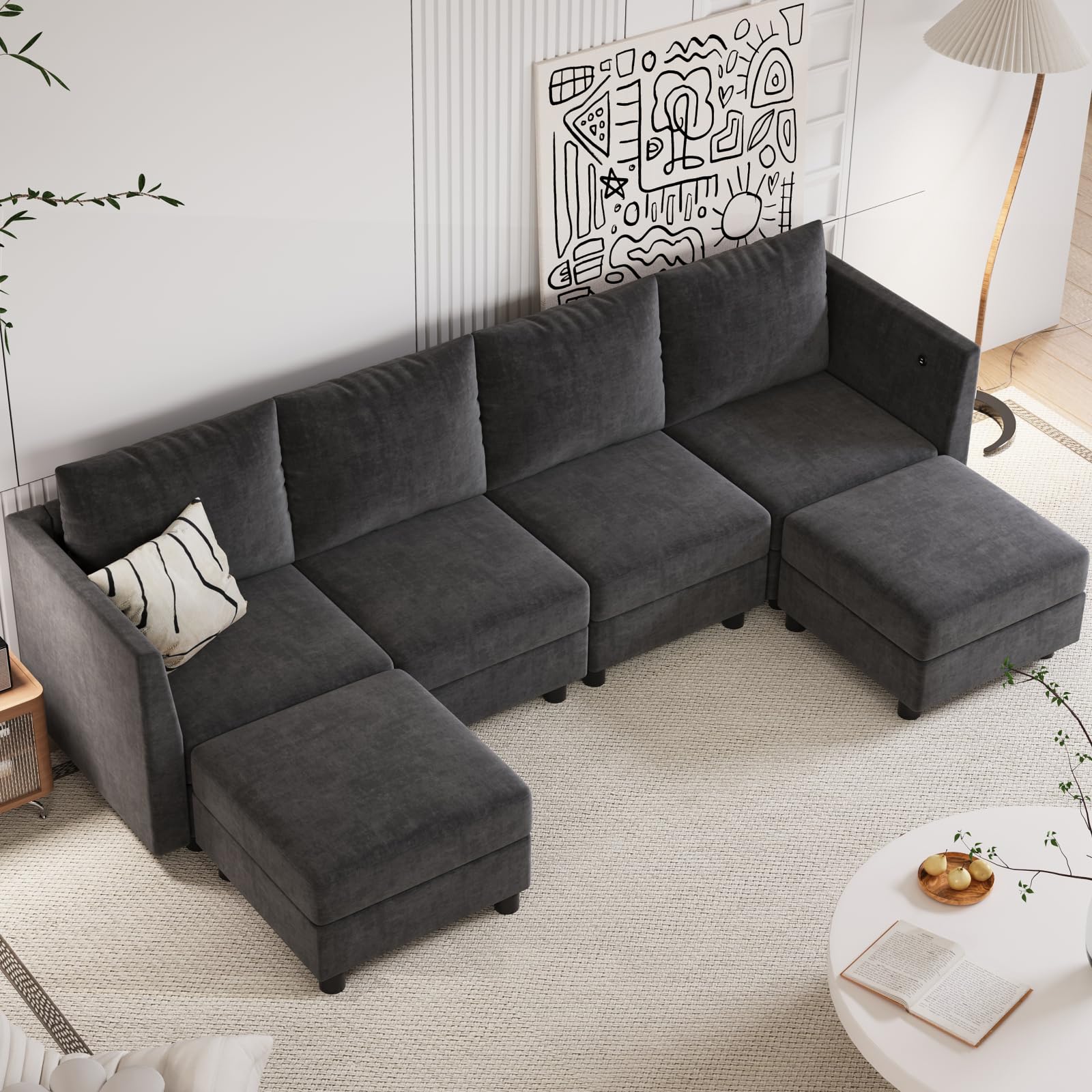 Apicizon Modular Sectional Couch, 6 Seats U Shaped Couch with Storage, Modern Chenille Sofa Set with USB Charging Ports, Comfy Couches with Chaise for Living Room, Office, Dark Grey