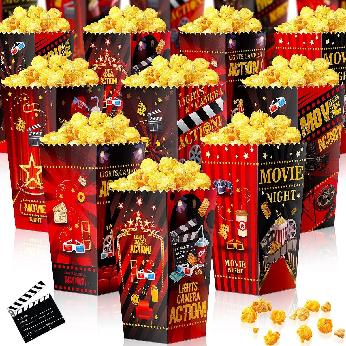 Containlol 24 cajas de palomitas de maíz para fiestas nocturnas de cine, caja de golosinas, contenedor de galletas de caramelo para cine, fiesta de cumpleaños, baby shower, suministros (estilo clásico)