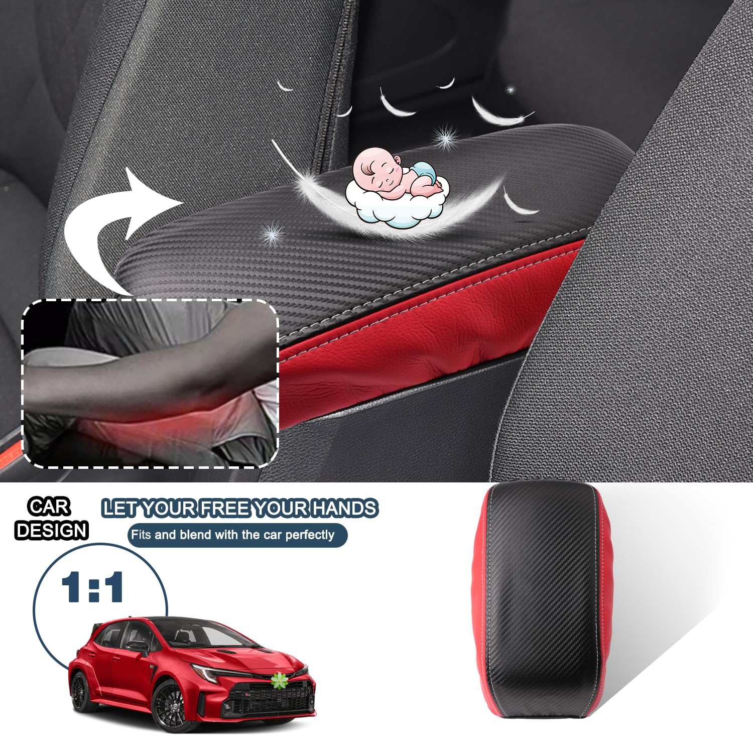 Housse D'accoudoir Console Centrale Toyota Corolla 2022-2024 - Cuir, Coutures Rouges, Protection Anti-rayures