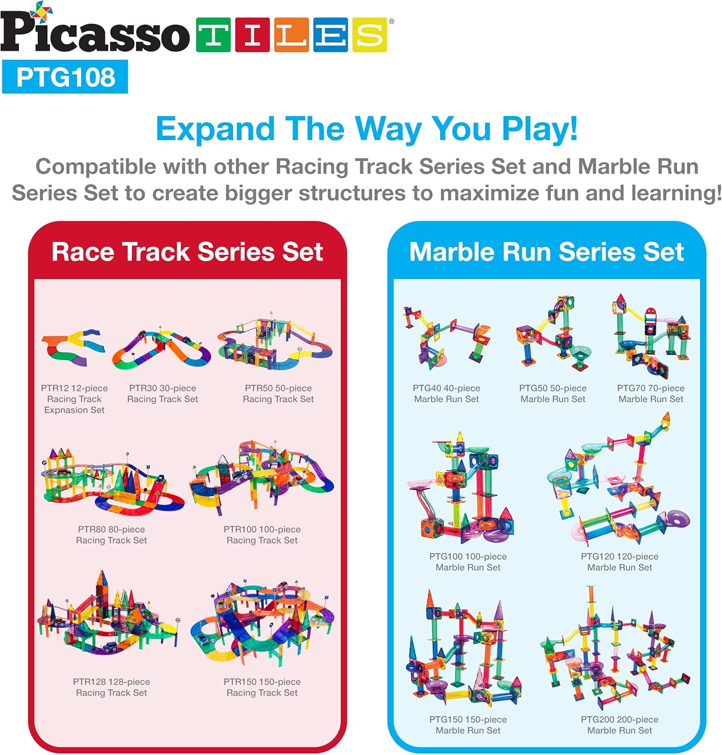 PicassoTiles 108PC Marble Run Magnetic Race Track + 60PC Magnet Tiles, STEAM Educational Playset for Creative, Fun and Learning Construction Play, Engineering Project Toy Gift Idea for Kids Ages 3+