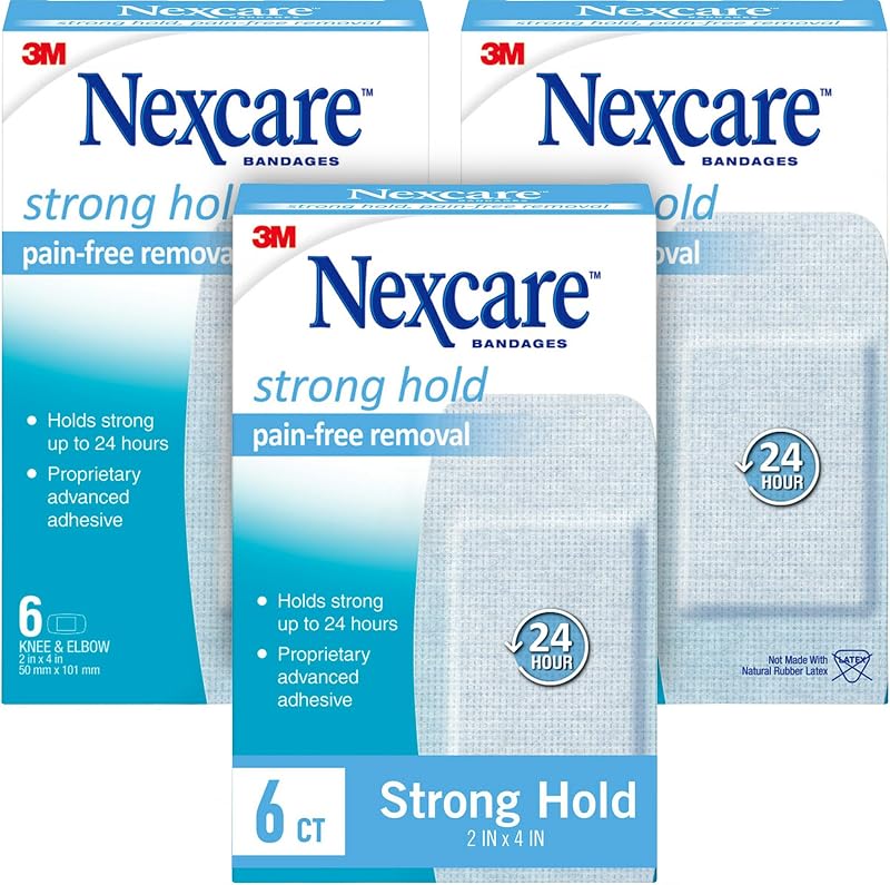 Vendas de eliminación sin dolor para rodilla y codo de fijación fuerte, 2 pulgadas x 4 pulgadas, adhesivo suave hipoalergénico, retención de 24 horas, elimina sin dolor del cabello, 6 por caja, paquete de 3 (18 en total)