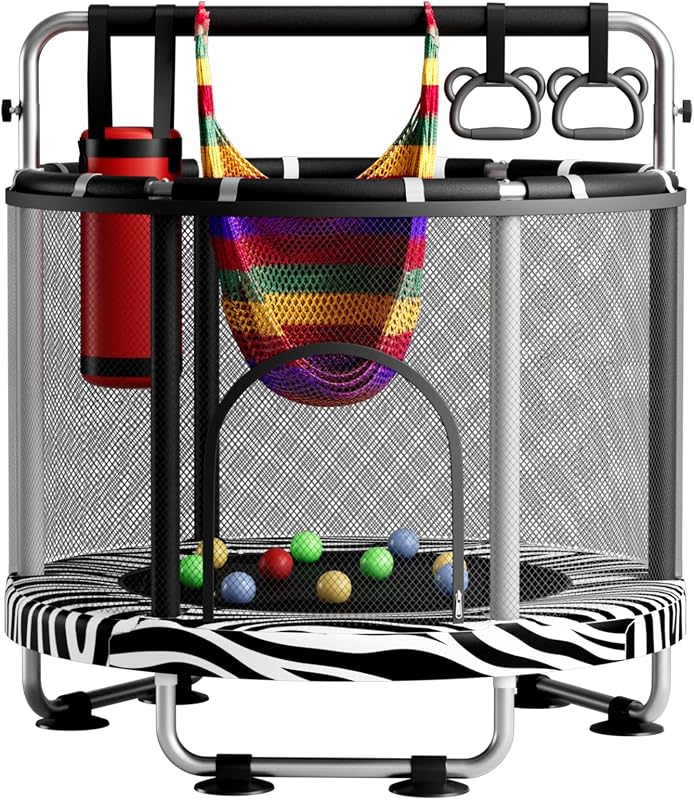 ZCMHAXJ 55" Trampoline for Kids with Enclosure, 440lbs Capacity Indoor & Outdoor Toddler Trampoline with Adjustable Gymnastics Bar & Toys, for Boys & Girls