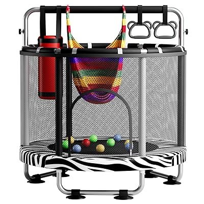 55" Trampoline for Kids with Enclosure, 440lbs Capacity Indoor & Outdoor Toddler Trampoline with Adjustable Gymnastics Bar & Toys, for Boys & Girls