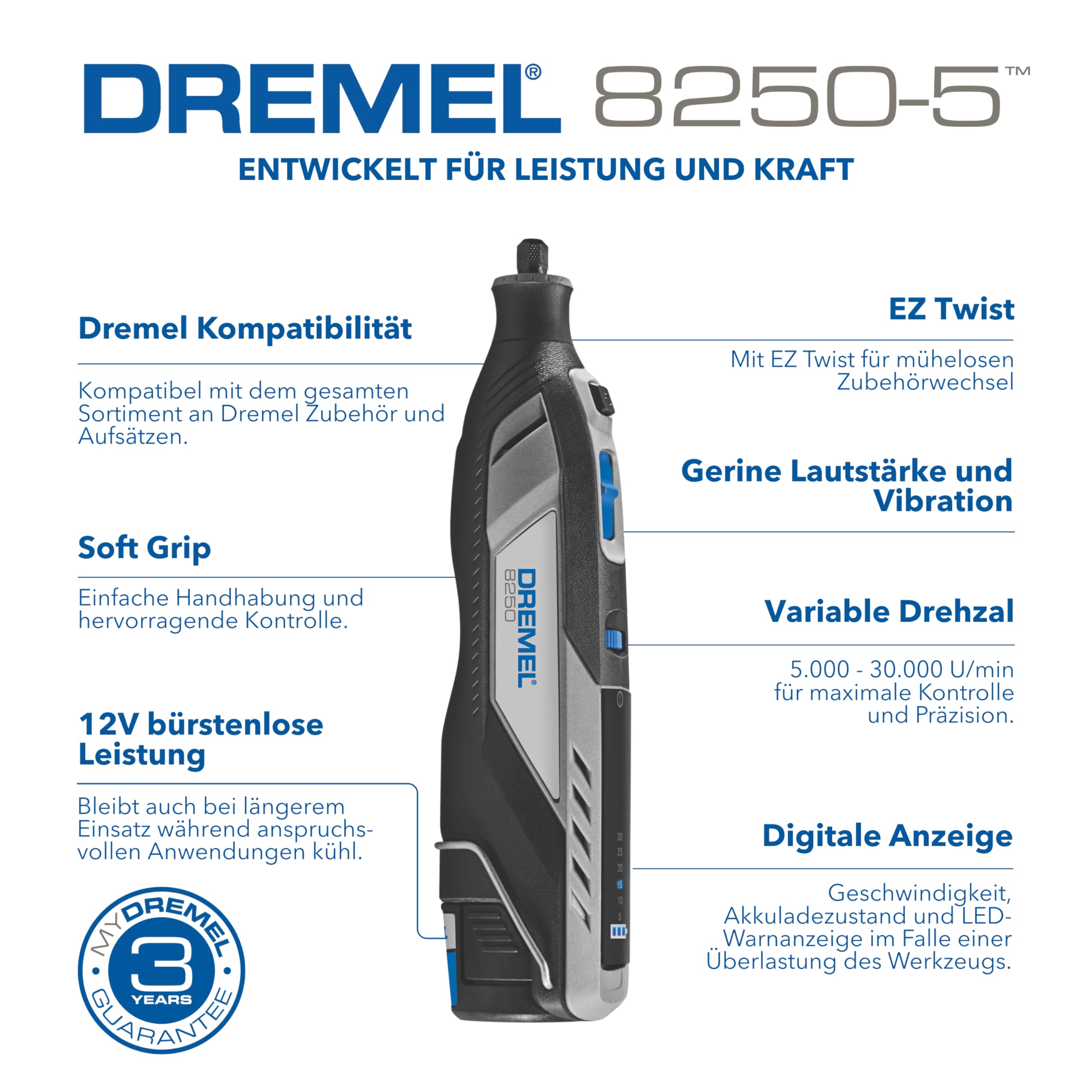Dremel 8250 12V Akku-Rotationswerkzeug 5.000-30.000 U/min Bürstenloser Multifunktionswerkzeug Set mit Box, 65 Zubehören