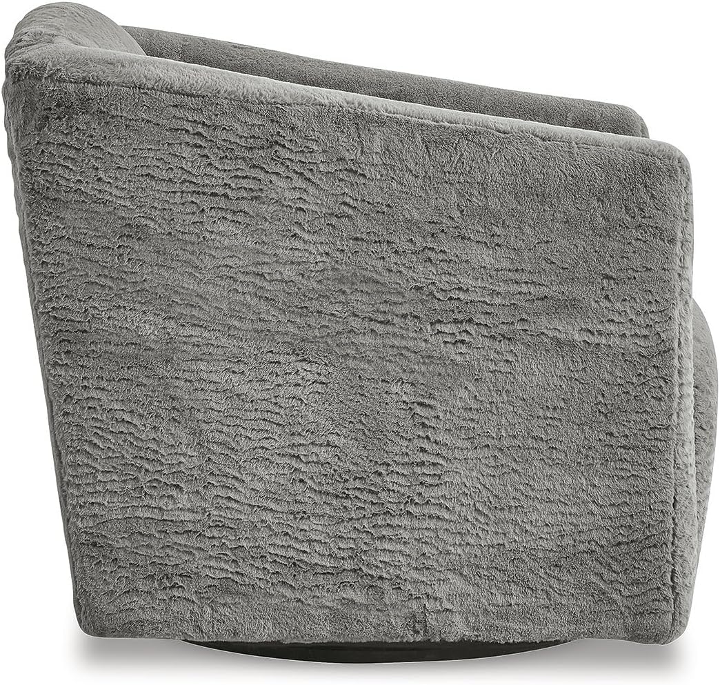 Signature Design by Ashley Bramner Swivel Chair with Charcoal Gray Faux Fur Upholstery, Cozy Barrel‑Back Seating with Tight Cushion and Metal Base for Living Room or Bedroom