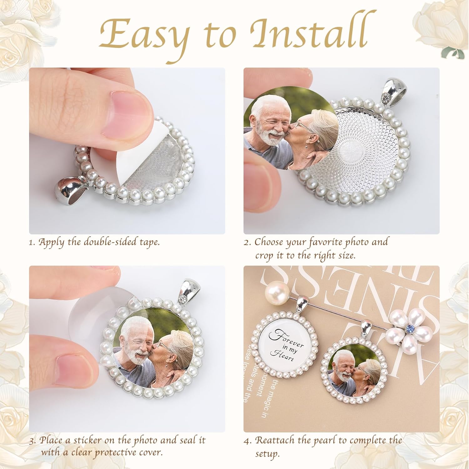 Wedding Bouquet Photo Charms Something Blue Gift for Bride, Pearl Floral Bouquet Charms for Wedding Memory, Something Blue Bride Memorial Gift, Silvery Bridal DIY Photo Frame Pin - Image 7