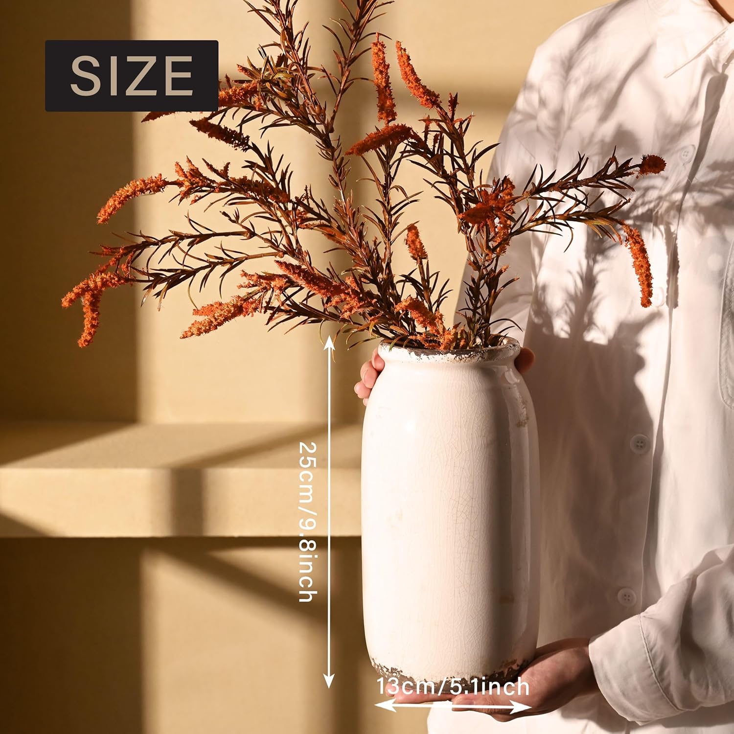 VICTOR & TERESA Rustic Large White Vase for Home Decor, 10'' Tall Ceramic Vases for Flowers, Farmhouse Decorative Vases for Pampas Grass, Table, Mantel, Living Room, Centerpieces - Image 4