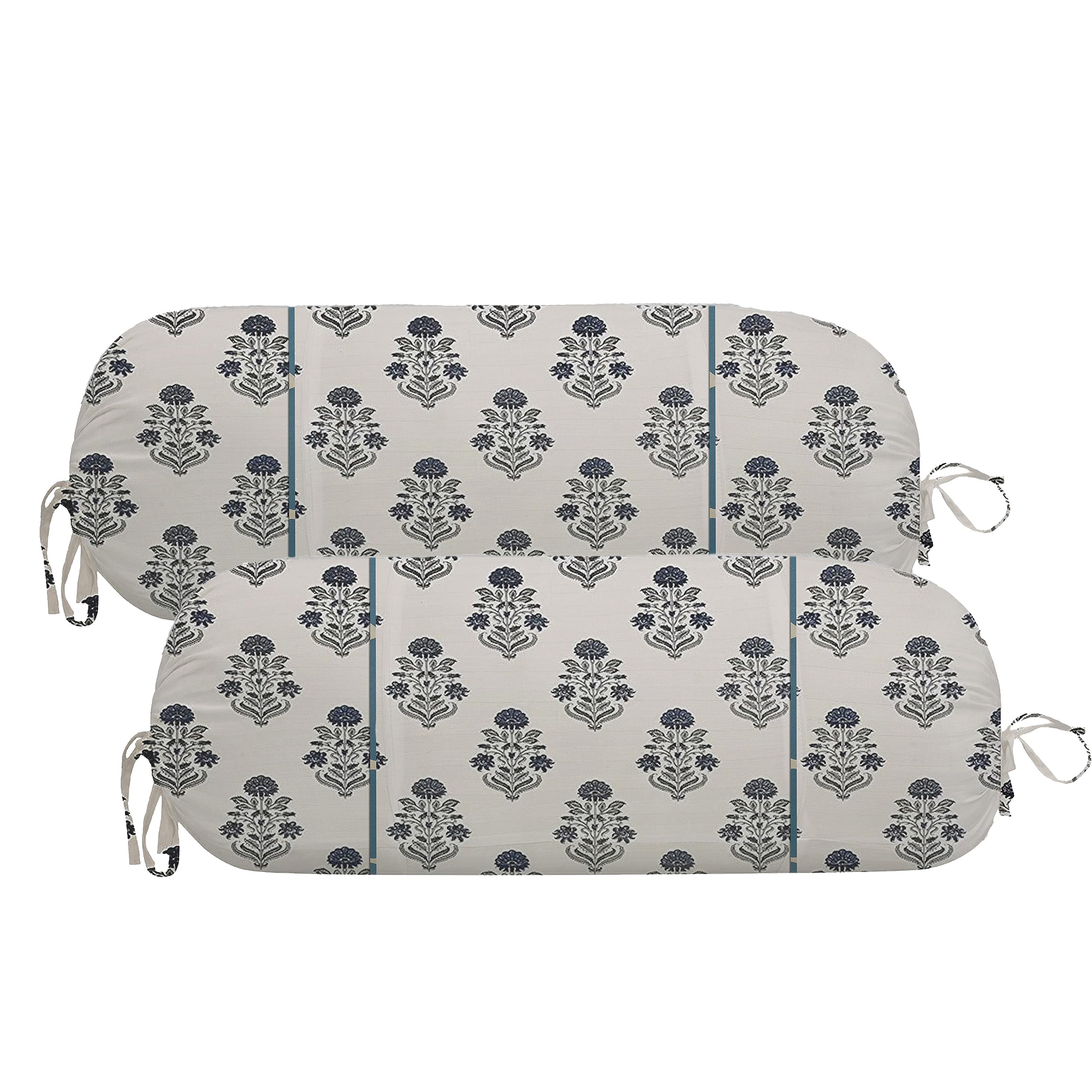 Trance Home Linen100% Cotton 16x32 inch 200TC Pipe-in Bolster Cover | Round Bed Side Long Bolster Pillow Cover to fit 24" Length 9" Dia | Pack of 2 Bolster Cover only (16x32 inch, Aangan Blue)