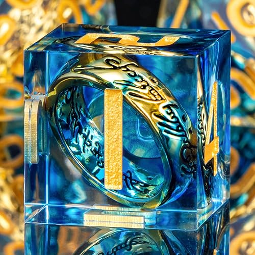 OUKELANWO Magic Lord Rings DND Juego de dados con caja, 7 piezas LOTR D&D para juegos de rol, dados poliédricos de resina de borde afilado azul y