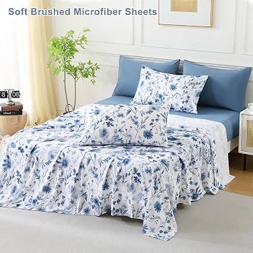 Botanical 6-Piece King Size Sheets Set, Boho Floral Print Brushed Microfiber Sheets, Cooling Bed Sheet Set, Ultra Soft & Breathable, 16' Deep Pocket Fitted Sheet & Pillowcase Set, Grey Blue Floral