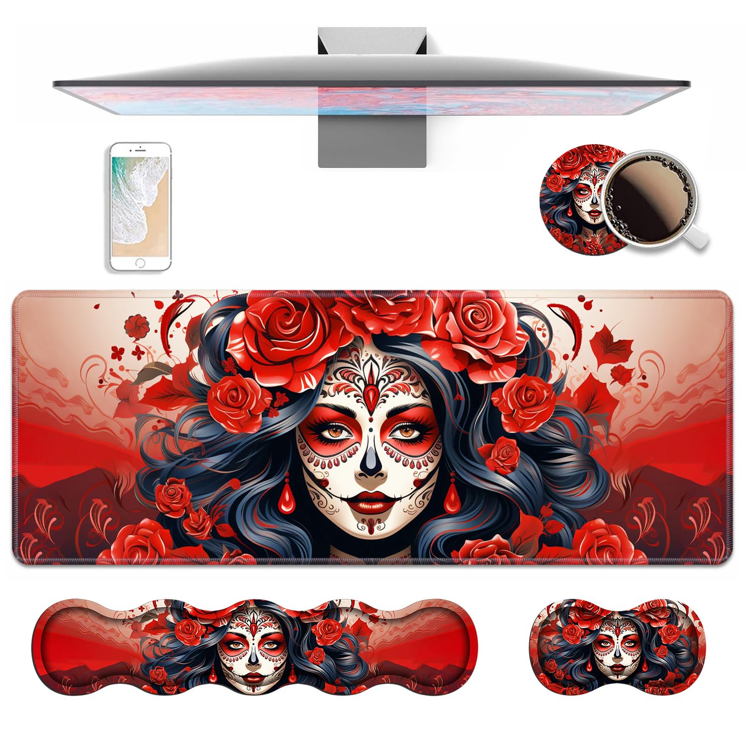 4 in 1 Ergonomic Keyboard Wrist Rest & Mouse Pad Wrist Rest Set, Large XXL Gaming Desk Mat 31.5