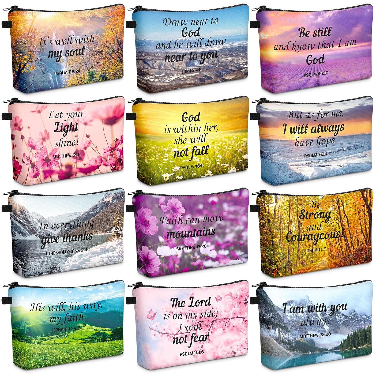 Chunful 12 Pcs Inspirational Christian Gifts Religious Makeup Bags Bulk for Women Bible Verse Flower Cosmetic Bag Mother's Day Gift for Church Ladies, 7.48 x 4.72 Inch(Landscape)