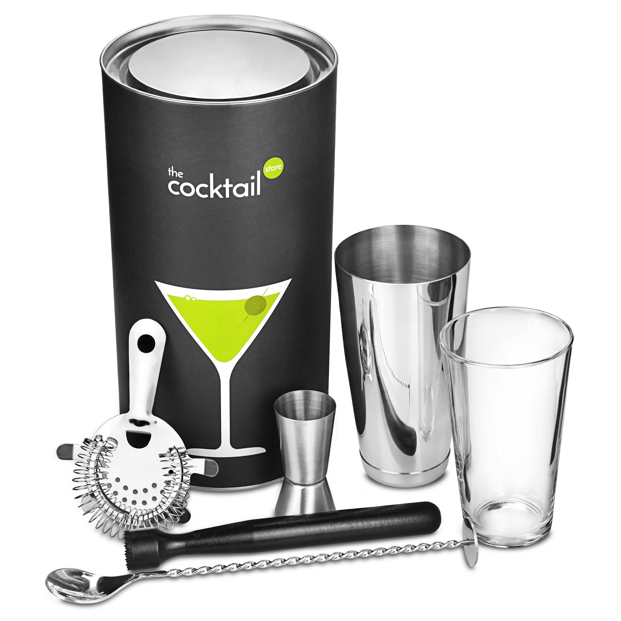 Cocktail Store Green The Boston Cocktail Gift Set | Cocktail Making Set With Boston Cocktail Shaker, Muddler, Mixing Spoon, Cocktail Strainer & Jigger Measure