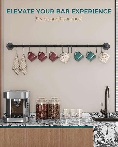 OROPY Barre de Cuisine Industrielle, Porte-Casseroles Mural de Suspension 100cm, 14 Crochets pour Ustensiles Support de Pot en Acier Inoxydable - Noir - 3