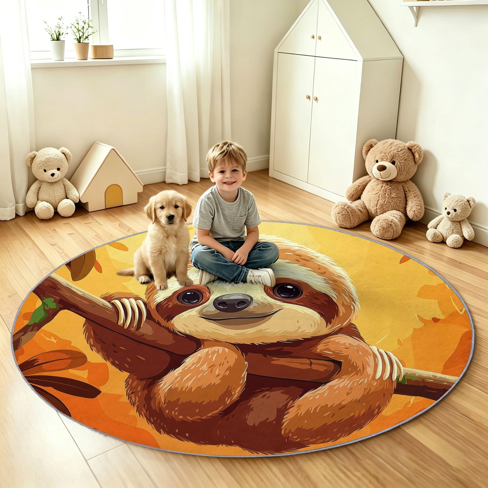 Générique Tapis Rond Salon 100 cm Jaune - Dessin Animé Nordique Paresseux Branches Animaux - Doux & Antidérapant - Poils Courts Faciles à Entretenir - Idéal Chambre, Salle à Manger et Table Basse