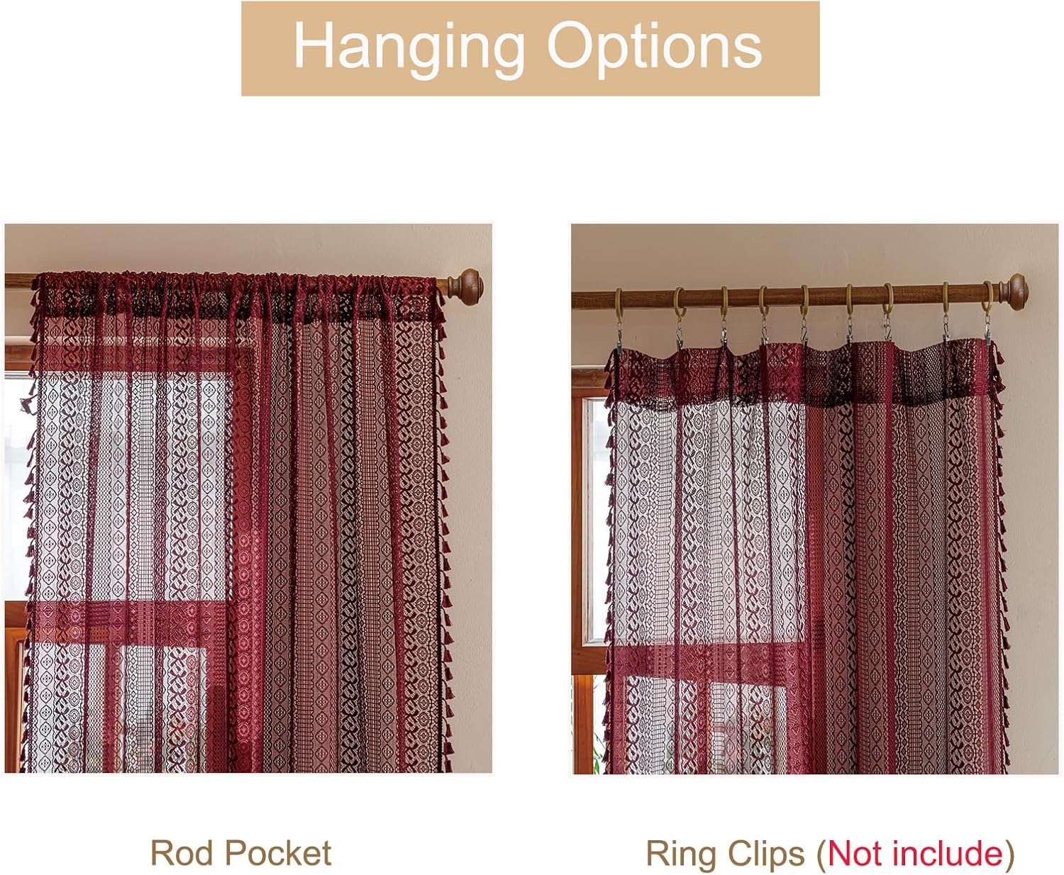 Sutuo Home Burgundy Boho Sheer Curtains 84 inches Long 2 Panels for Bedroom Living Room, Red Lace Curtains Crochet Bohemian Farmhouse Vintage Tassels Window Treatments Xmas Decor Rod Pocket, 50" W