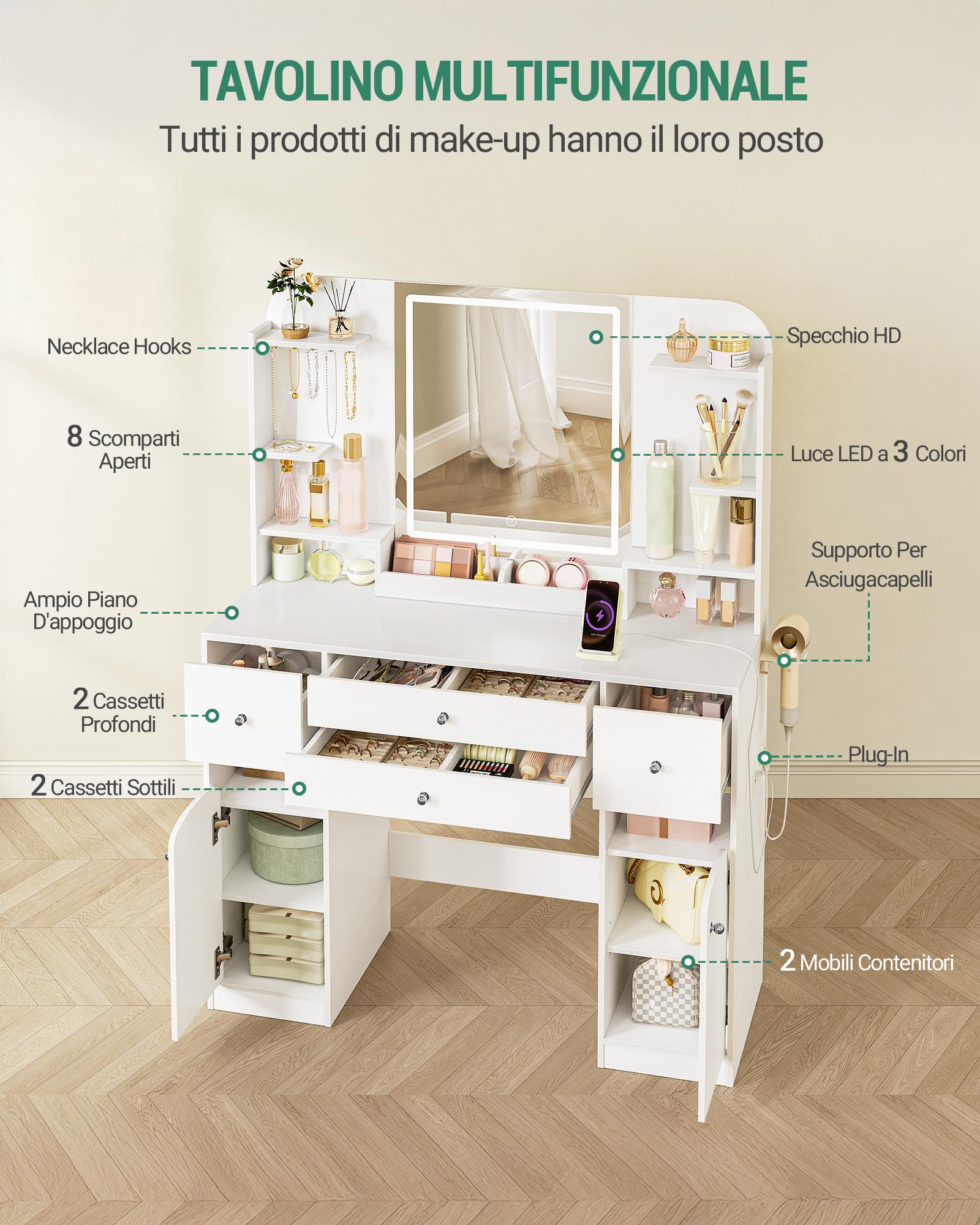 Hzuaneri Toeletta Trucco con Luce LED, con Presa e Porta Asciugacapelli, Ampio Piano D'appoggio 108cm, Toeletta con 2 Cassetti Grandi con Contenitore per Gioielli, 2 Armadietti, 40x108x145 cm Bianco