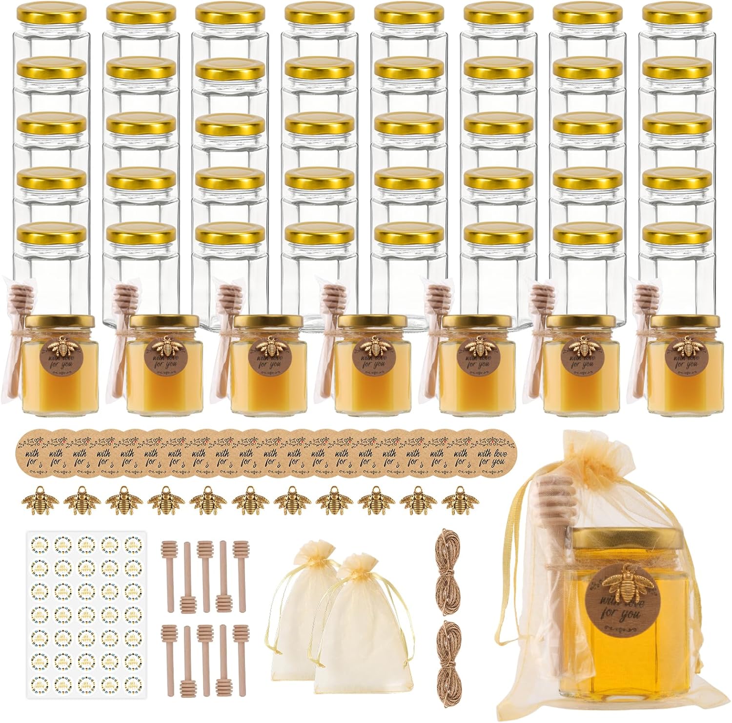 SZUAH 48 Pack 3 oz Mini Honey Jars with Dipper, Glass Hexagon Honey Jar for Wedding Favors, Empty Glass Jars for Party Favor