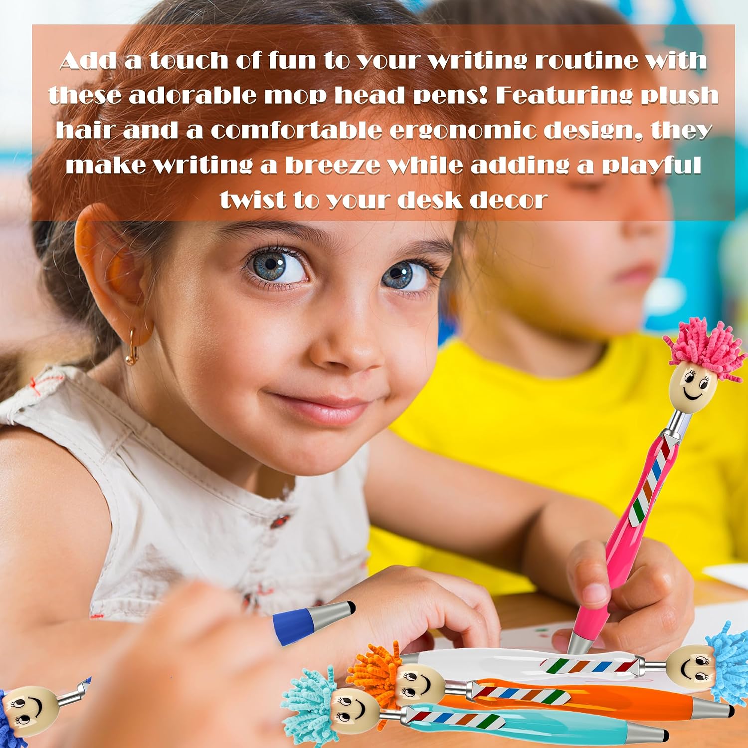 24 Pcs Mop Head Pens Plush Hair Head Ballpoint Funny Office Writing Click Mophea Topper Pens Cute Cartoon Signing Pen Stylus Touch Screen Gift for Afro Kids Adult with Smile