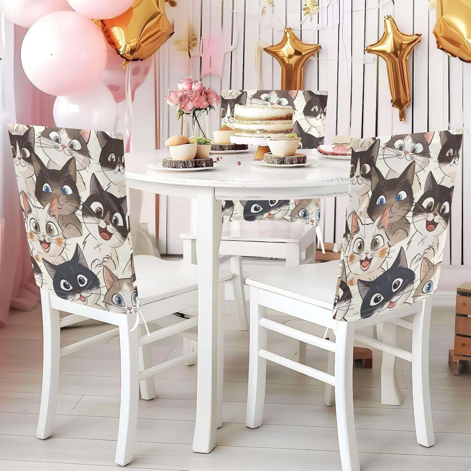 ALAZA Rerto Cute Cats Chair Back Cover Set of 6, Washable Reusable Removable Chair Slipcovers Decorative Chair Cover for Home Kitchen Wedding Party