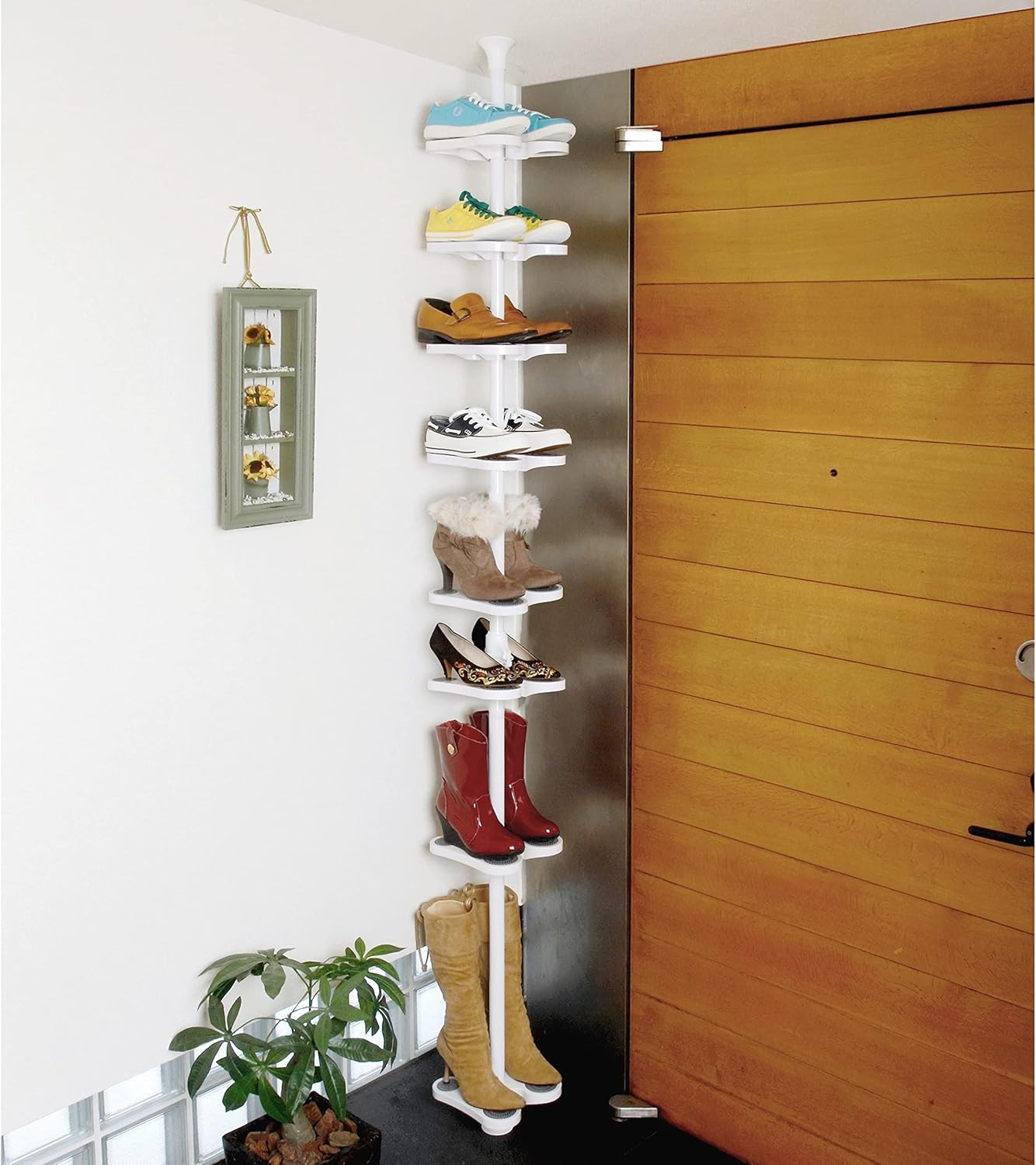 [ドリームウェア] 突っ張り シューズラック 高さ調節(ブーツ/ハイカット対応) ブーツクリップ付き スリム 省スペース 8段 幅22×奥行23×高さ200-280㎝ 組立品 ホワイト WJ-320WH