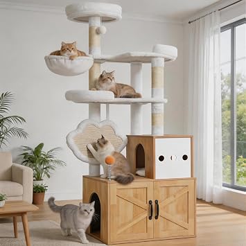 Heybly Cat Tree with Litter Box Enclosure, Modern 64'' Tall Hidden Tower for Indoor Cats, All-in-One Solid Wood Cat Condo with Paw-Shaped Board, Multi-Level Perch & Playzone, Walnut HCT105WB