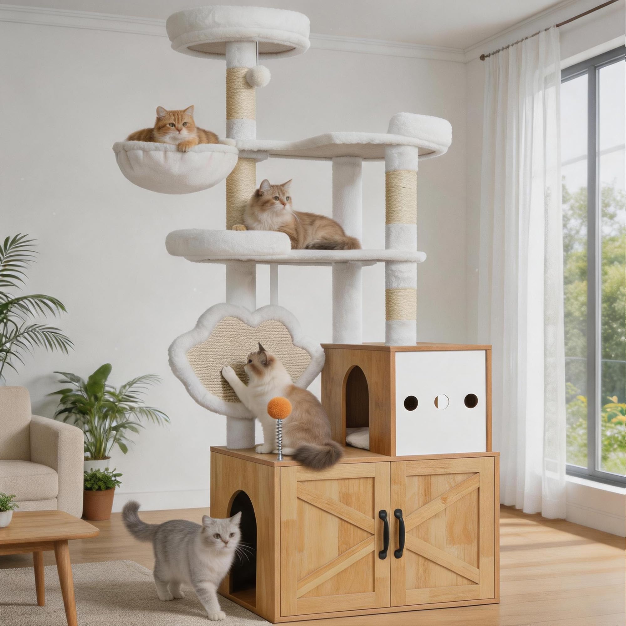 Heybly Arbre à Chat Litière Intégrée 162cm Bois Massif Moderne HCT105WB | Litière Cachée Facile À Nettoyer, Parcours Multi-Niveaux, Griffoirs En Sisal, Couchage Et Jeux Intégrés, Coloris Noyer