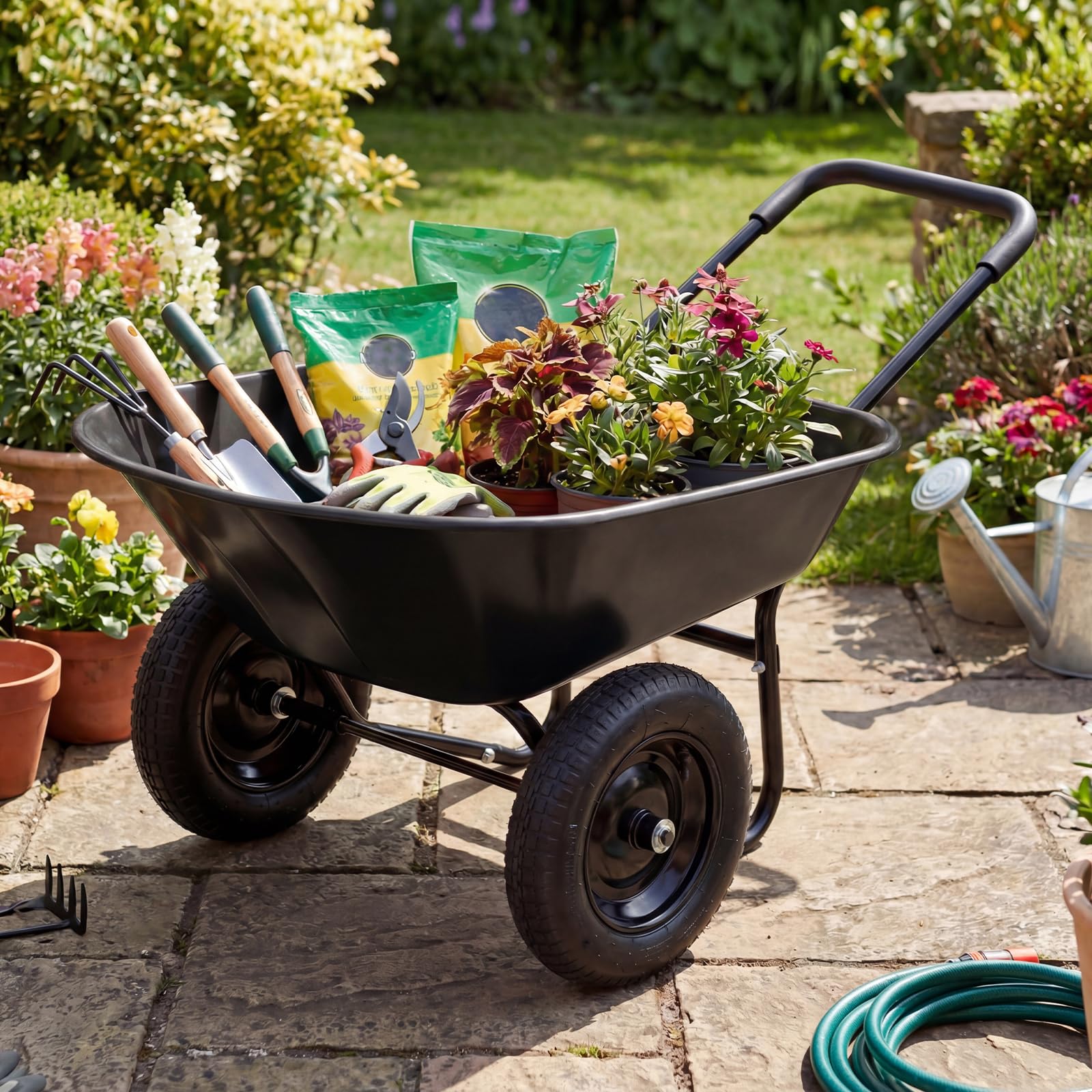 TANTASK Schubkarre 2 Räder, 78L, Gartenkarre mit Kippfunktion, Bauschubkarre Metallrahmen, 100 kg Tragkraft, Gartenschubkarre, Schiebkarre, Transportkarre für Garten & Hof (Schwarz)
