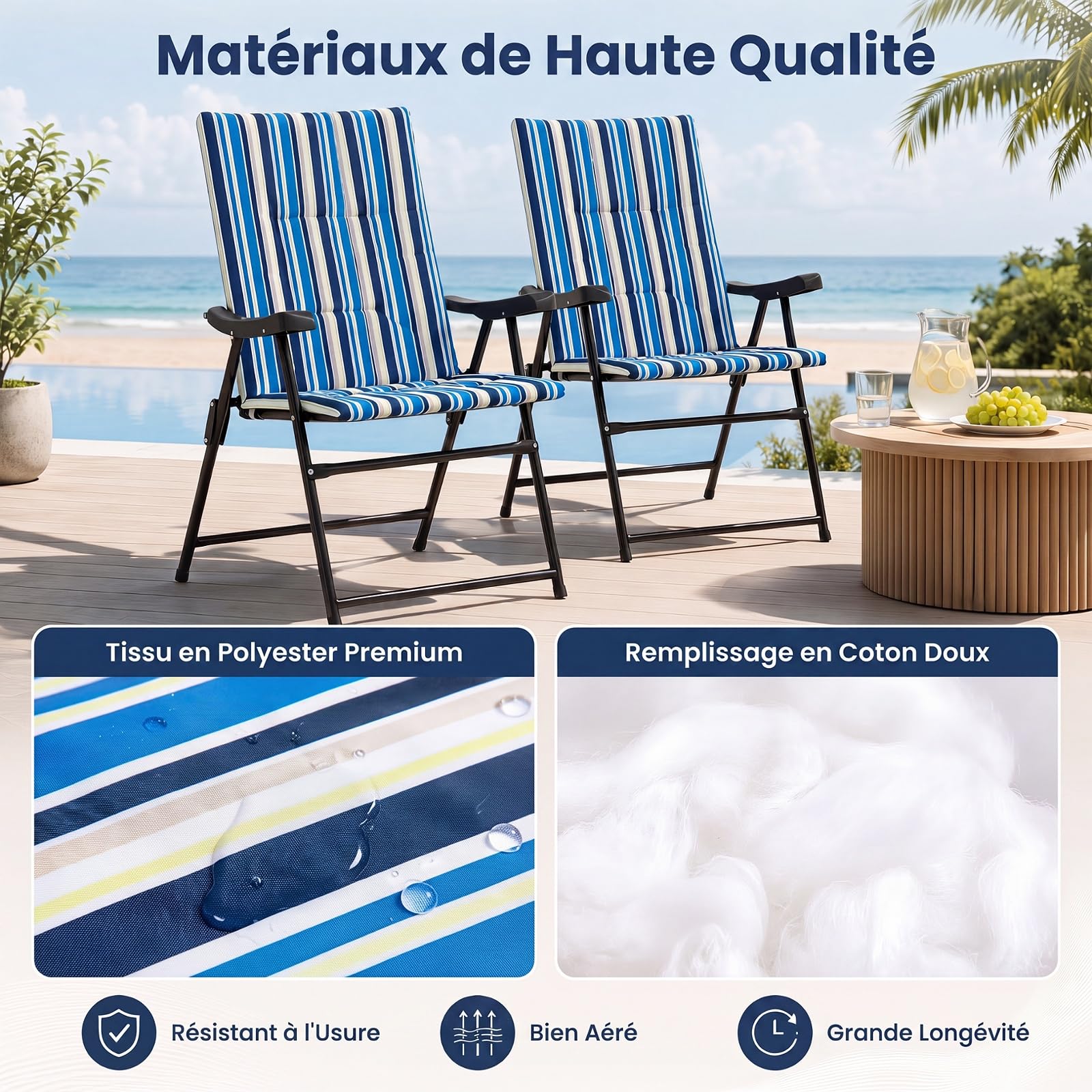 COSTWAY Lot de 2 Chaises de Plage Pliable, Chaise Pliante Camping Légère en Métal, Siège Rembourré, Tissu Polyester, Dossier Haut, Fauteuil Exterieur pour Pêche Pique-Nique Jardin, Charge 150 kg