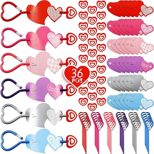 Jetec Lápices en forma de corazón para el día de San Valentín con tarjetas de felicitación de corazón y borrador, lápices de corazón coloridos
