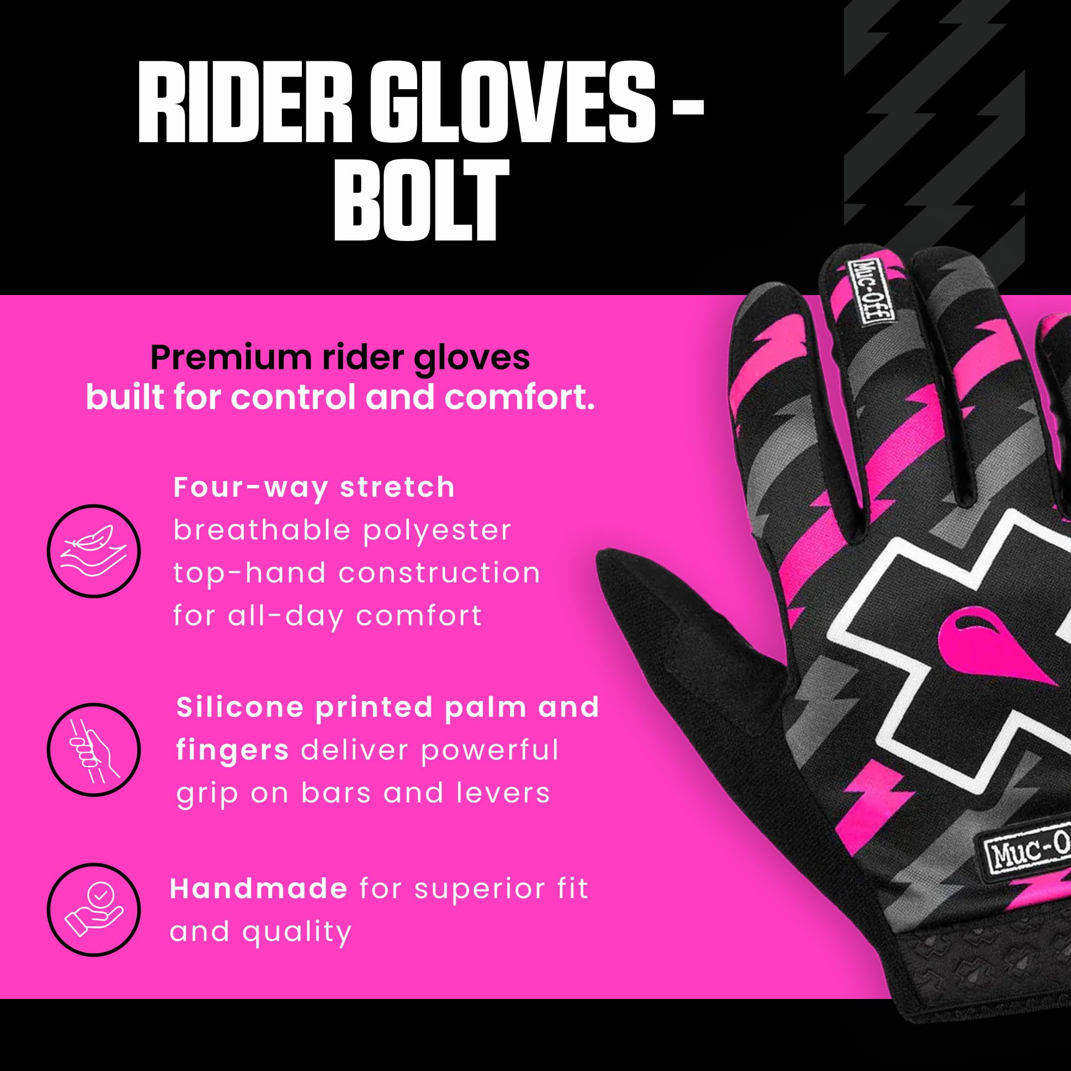 Muc-Off Unisex Bolt MTB, średnio premium, ręcznie robione rękawiczki wsuwane do jazdy na rowerze, oddychające, kompatybilne z ekranem dotykowym