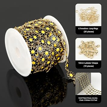 YOUBEIYEE 9.8 Feet Gold Plated Chains for Jewelry Making Black Enamel Daisy Flower Chain Rol with Jump Rings and Lobster Clasps Jewelry Supplies Findings
