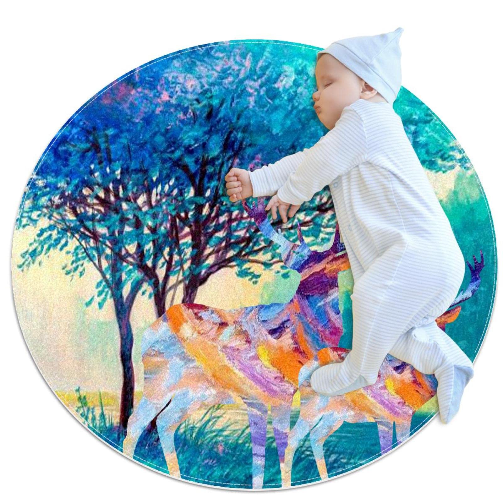 Tapis de salle de bain rond 1m antidérapant style peinture à l'huile motif cerf