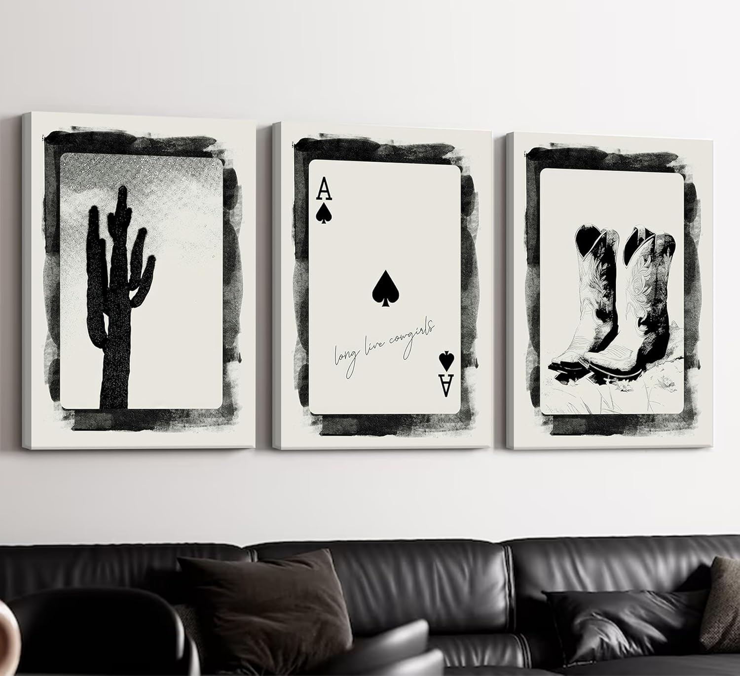 MAKSOZE 3Pcs Vintage Southwestern Desert Western Cowboy Canvas Wall Art, Black White Ace of Spades Cactus Cowboy Boots Poster Print, Long Live Cowgirls Wall Decor Artwork for Living Room Bedroom Home Decoration