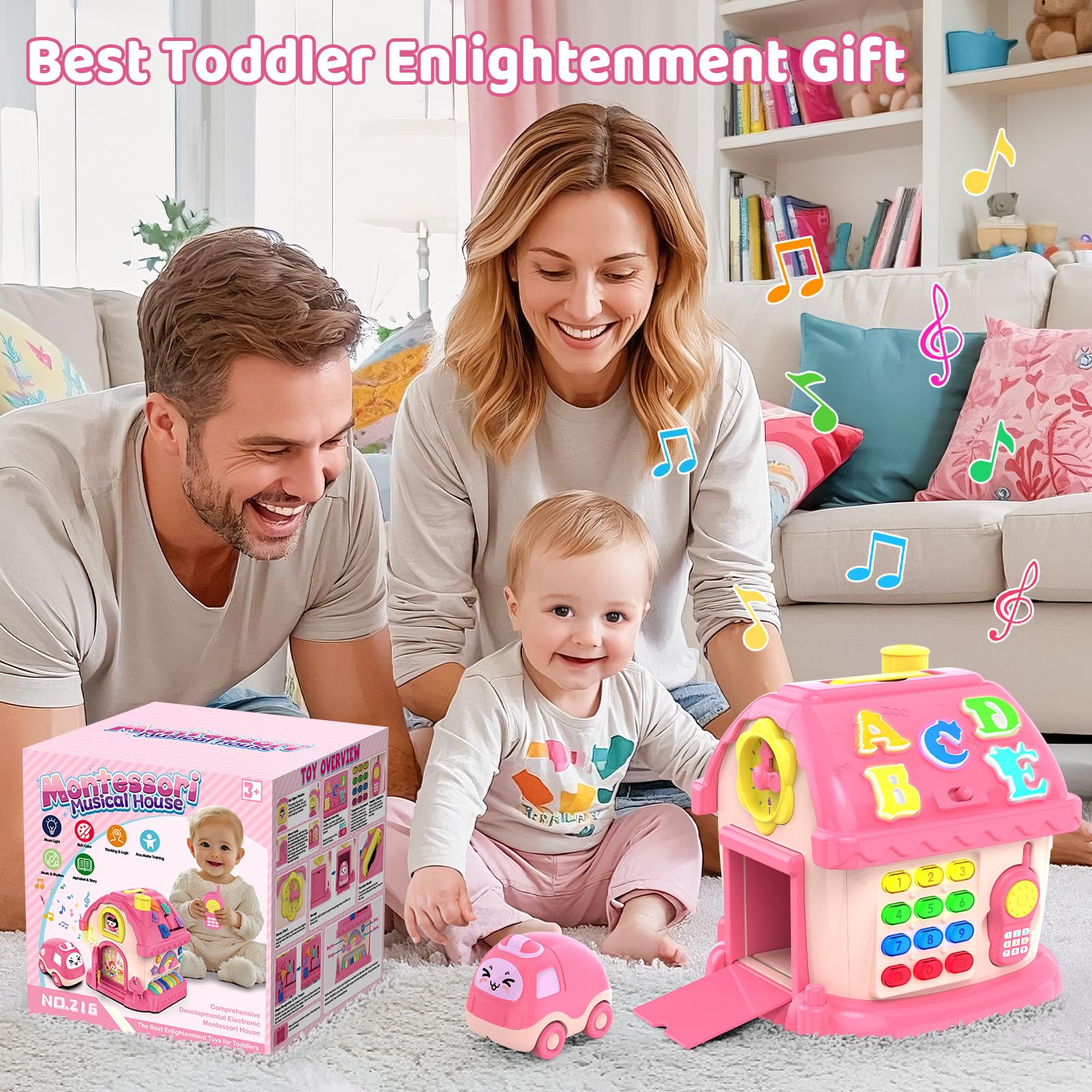 Toddler Toys for 1 Year Old Girl Gifts, 12-in-1 Montessori Musical House Toddler Learning Toys for 1-2, 1st First Birthday Gifts Baby Girl Boy Gift Toys 6-12 12-18 Months, Pink