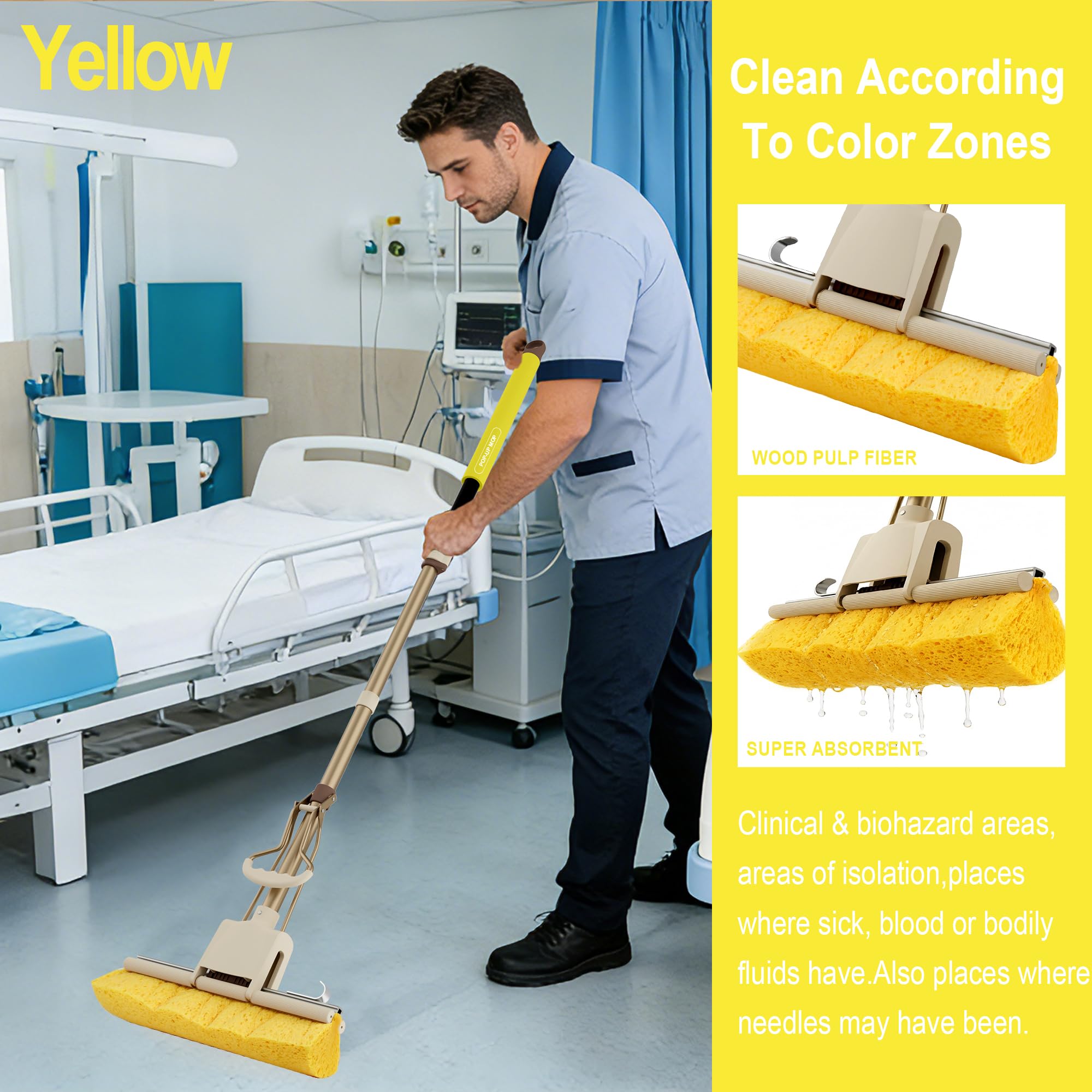 LILAC Mopa de esponja de celulosa con 2 cabezales de repuesto, mango codificado en 4 colores para limpieza zonal, mopa con rodillo desplegable súper absorbente para madera dura, suelos laminados