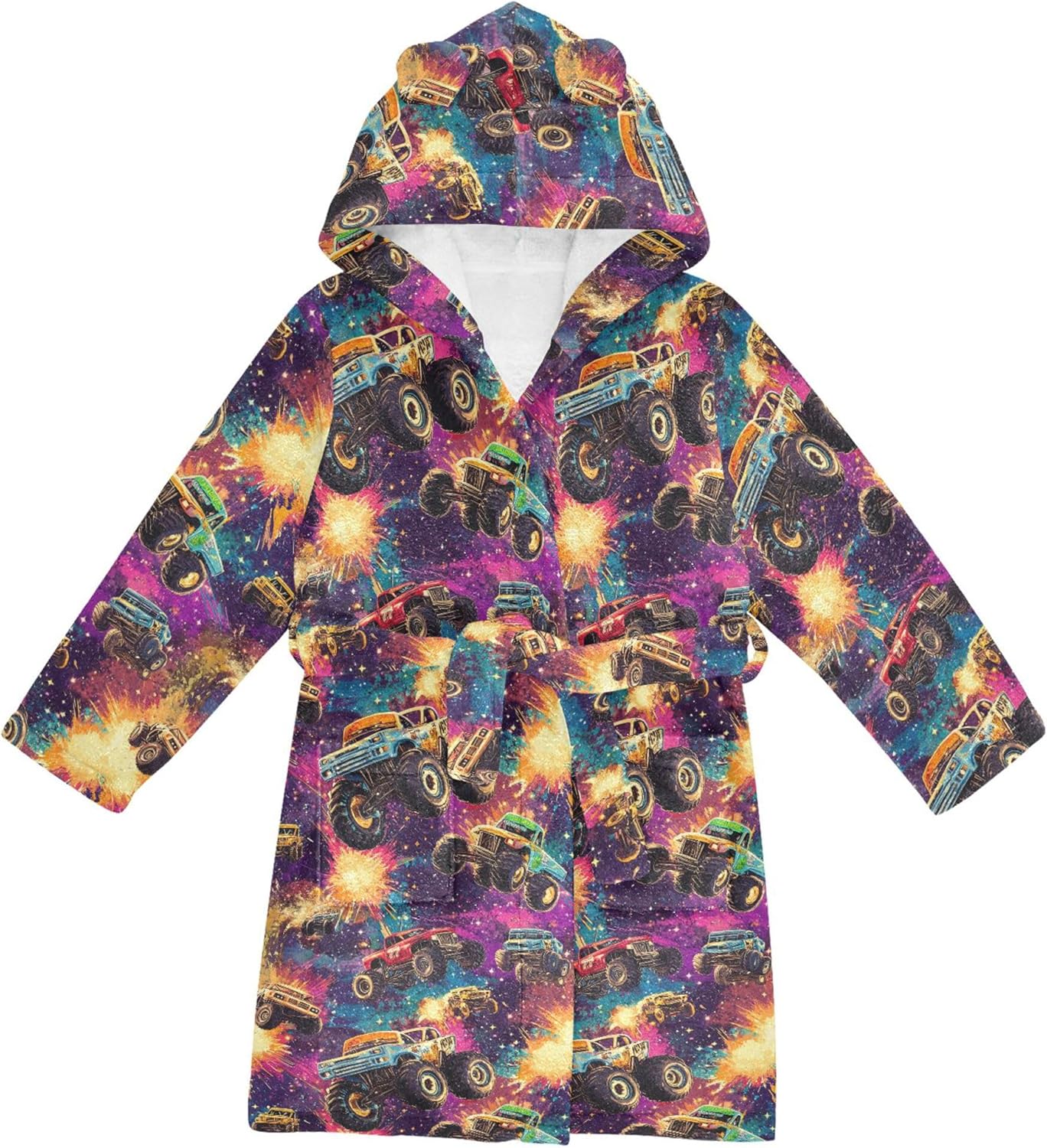Monster Truck Cars Galaxy Retro Bathrobe Hooded PJ Robe Soft Fleece Robe Sleepwear 2-12 Years