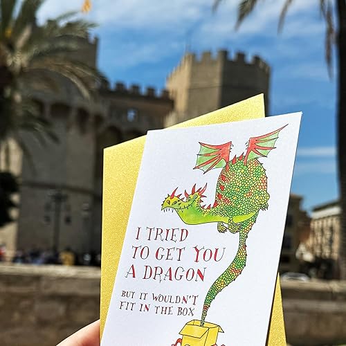 Miniatura 3 de PepperZone Tarjeta de cumpleaños hecha a mano con dragón "Intenté conseguirte un dragón", Cumpleaños de cuento de hadas, divertido regalo mágico de