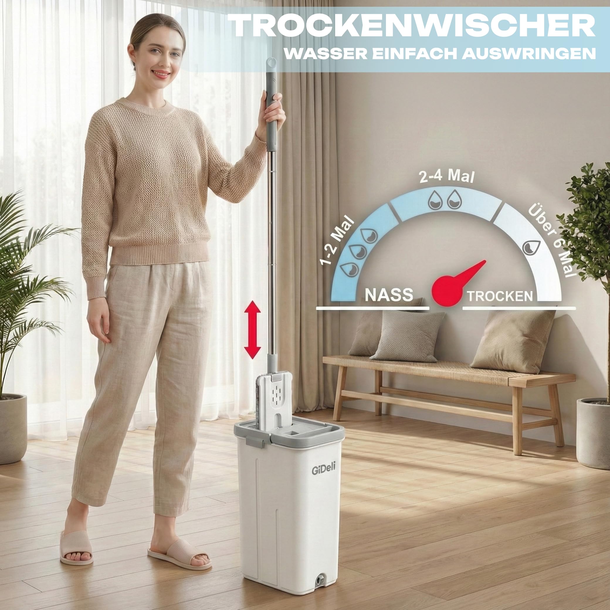 GiDeli Wischmopp und Eimer mit Auswringer-Set - Grau Flach Squeeze Mop Eimer Set für Bodenreinigung - Nass Trocken Mop für Wandreiniger mit langem Griff - Hartholz Bodenwischer mit 3 Mikrofasertüchern