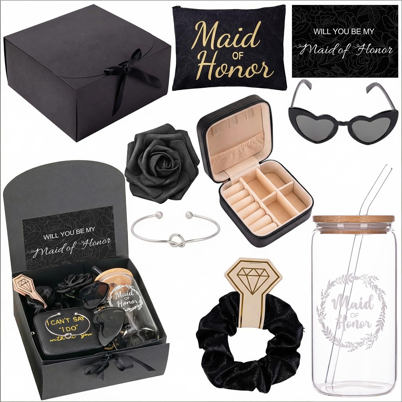 9 Pcs Maid of Honor Gifts - Will You Be My Maid of Honor Kit with Elegant Box Jewelry Box Glass Cup Invited Cards Knotted Bracelets Sunglasses Scrunchies Raffia Grass