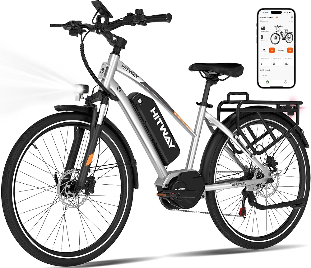 HITWAY Vélo électrique pour Adultes 27,5"/28", vélo de Trekking électrique, E-Bike pour Hommes et Femmes avec Batterie 36 V 13 Ah, Moteur arrière/Central de 250 W, 7 Vitesses