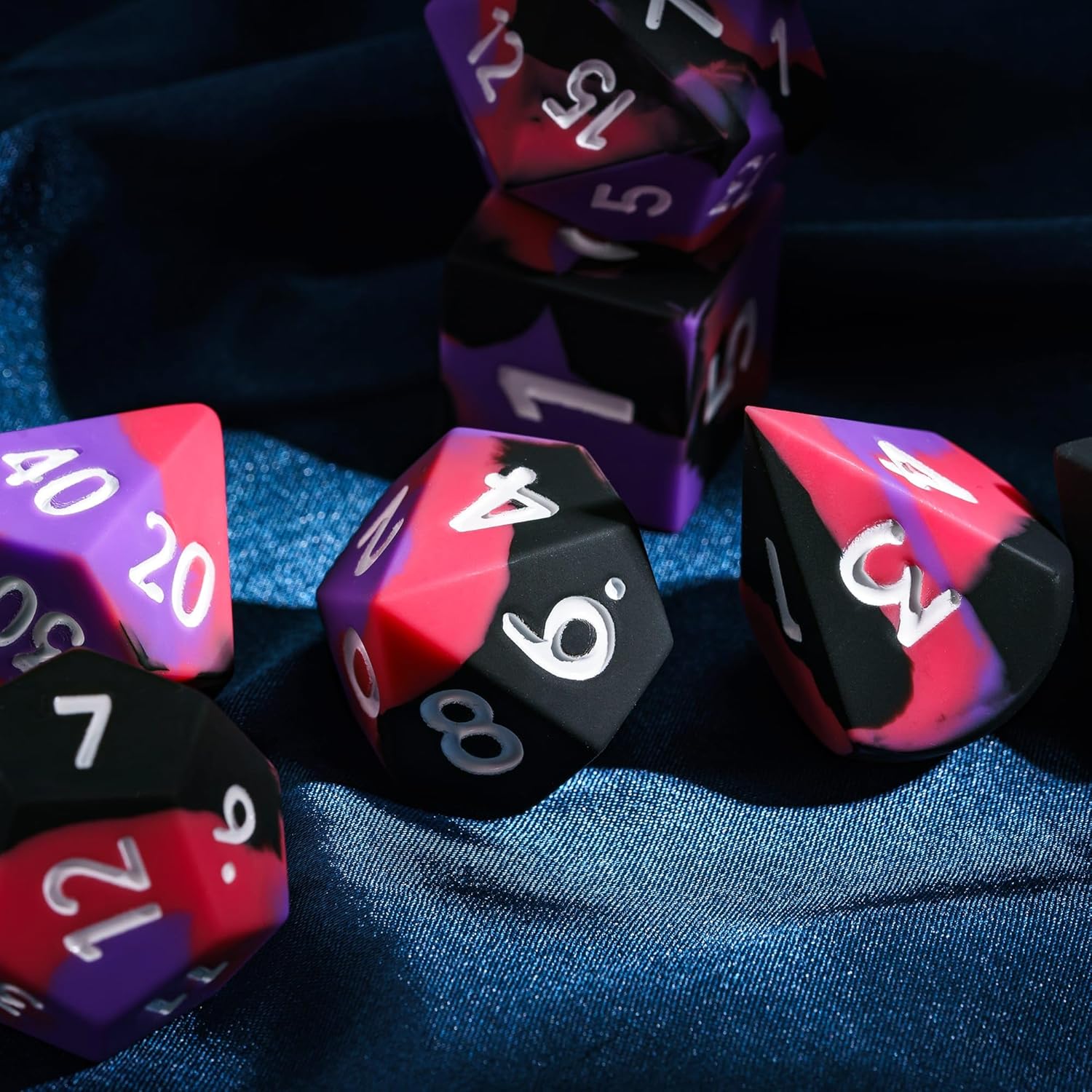 7-Piece Jumbo Silicone DND Dice Set, 25mm Oversized Dice D&D Dice, Round Edges Soft Perfect Bouncer for D&D RPG Bar Pub Club Party Games(Purple&Black&Red)