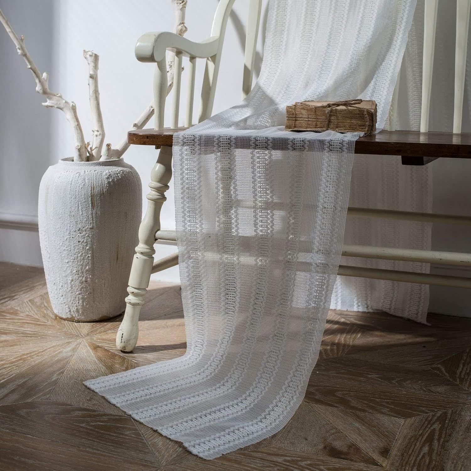 Table Runner Small Rectangle Table,35x300CM,Striped Lace Home Decor Table Runner Polyester,Table Runner White