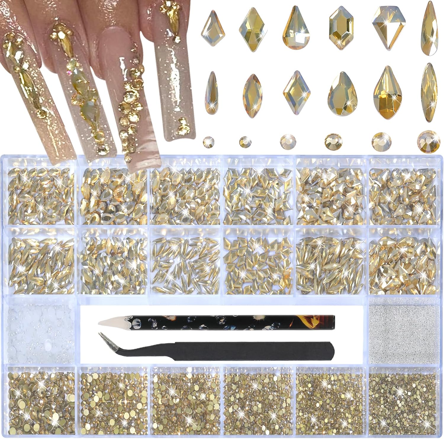 Nail Charms and Gems - 5000 Pcs, 20 Types, 20 Sizes, with Kit, Nail Rhinestones, Faux Pearls, Beads, for Nail Art (Champagne Gold)