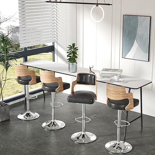 Miniatura 4 de Miereirl Juego de 2 taburetes de bar de altura Morden con respaldo de madera asiento grueso silla giratoria ajustable para el hogar cocina isla gris