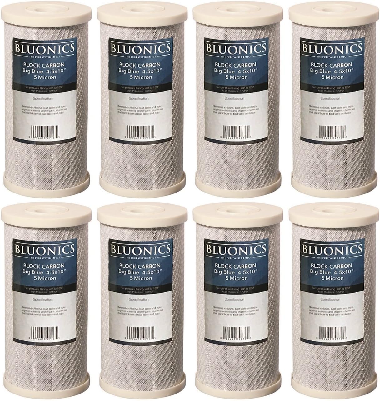 BLUONICS 8-pack Carbon Block CTO Water Filters 4.5" x 10" Cartridges for Chlorine, Bad Taste and Odor