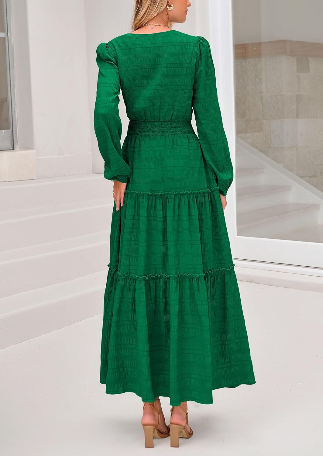 PRETTYGARDEN Women's Maxi Dress Casual Long Sleeve V Neck Smocked Waist Tiered Ruffle Flowy Cocktail Pocket Dresses - Image 2