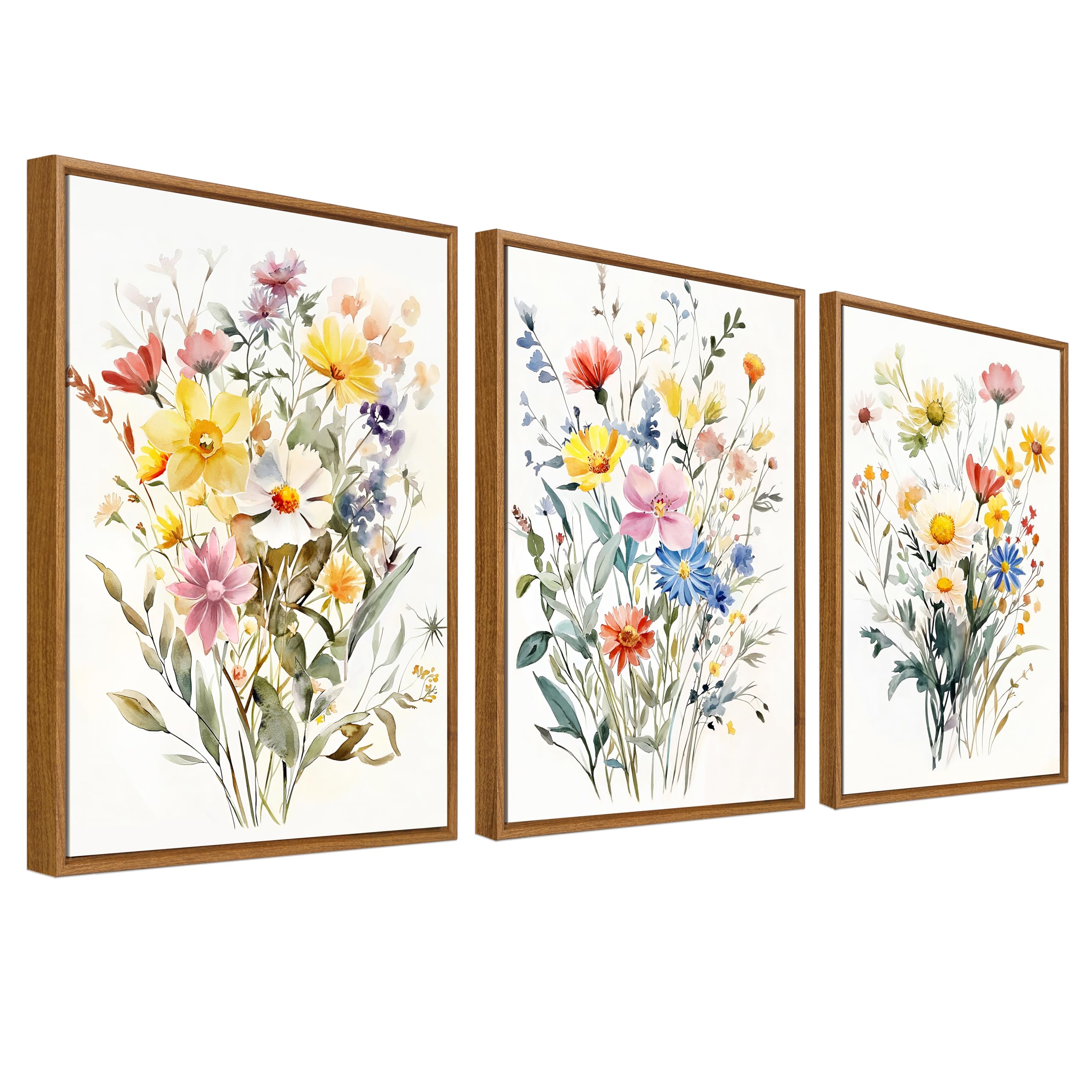 Framed Canvas Wall Art Set of 3 Colourful Bouquet Flowers Painting Prints for Wall Poster Yellow White Wildflowers Daisies Pictures for Living Room Bedroom Hallway 40x60cm x3pcs (No Acrylic Glass) โ image 1
