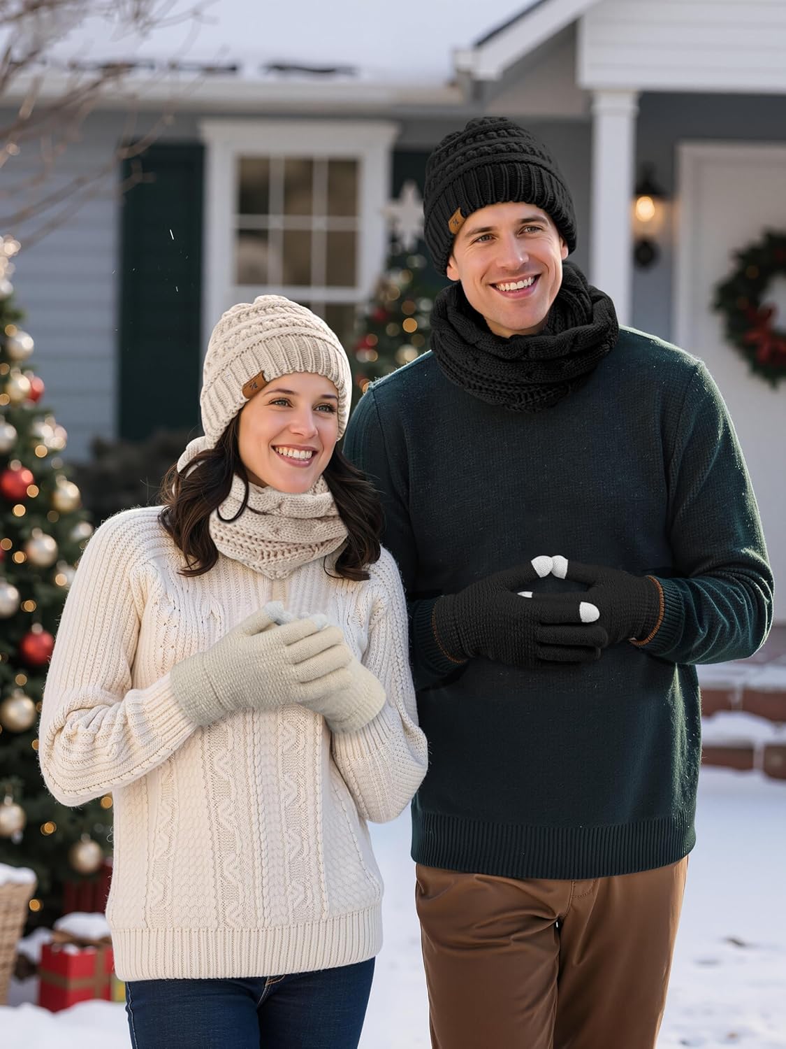 Winter Beanie Hat Scarf Gloves Set Warm Knit Fleece Touchscreen Gloves Neck Scarf Set Adult Winter Gift for Men Women - Image 7