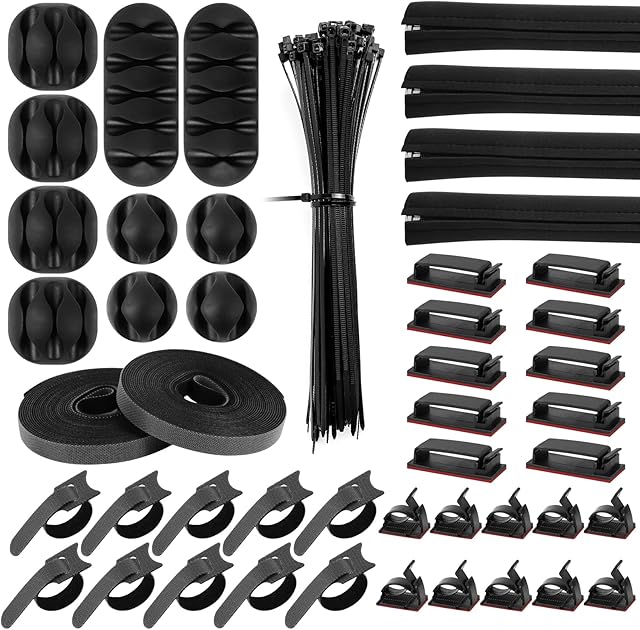 146Pcs Cable Management Kit,10 Cord Organizer Cable Holder 4 Cable Management Sleeve 20 Cable Management Clips 10 Hook and Loop Cable Ties 100 Nylon Cable Ties Black 2 Cable Straps